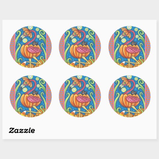 HALLOEEN PINK FLAMINGO & BLACK CAT IN PUMPKIN RONDE STICKER (Vel)