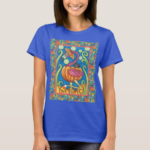 HALLOEEN PINK FLAMINGO & BLACK CAT IN PUMPKIN T-SHIRT