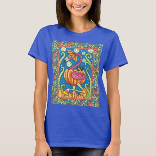 HALLOEEN PINK FLAMINGO & BLACK CAT IN PUMPKIN T-SHIRT (Voorkant)