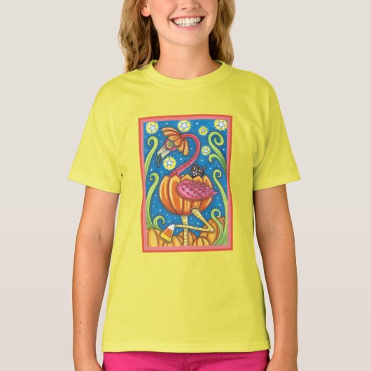 HALLOEEN PINK FLAMINGO & BLACK CAT IN PUMPKIN T-SHIRT (Voorkant)
