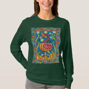 HALLOEEN PINK FLAMINGO & BLACK CAT IN PUMPKIN T-SHIRT