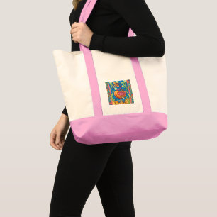 HALLOEEN PINK FLAMINGO & BLACK CAT IN PUMPKIN TOTE BAG