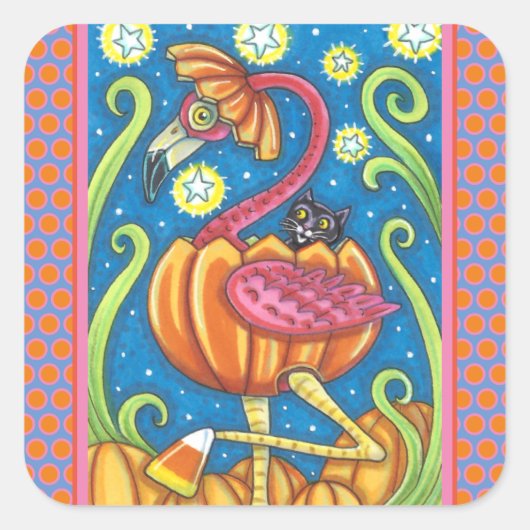 HALLOEEN PINK FLAMINGO & BLACK CAT IN PUMPKIN VIERKANTE STICKER (Voorkant)