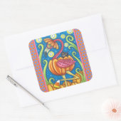 HALLOEEN PINK FLAMINGO & BLACK CAT IN PUMPKIN VIERKANTE STICKER (Envelop)