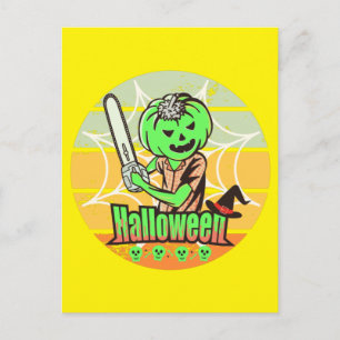 HALLOEEN PUMPKIN MET CHAINSAW EN SKULL BRIEFKAART