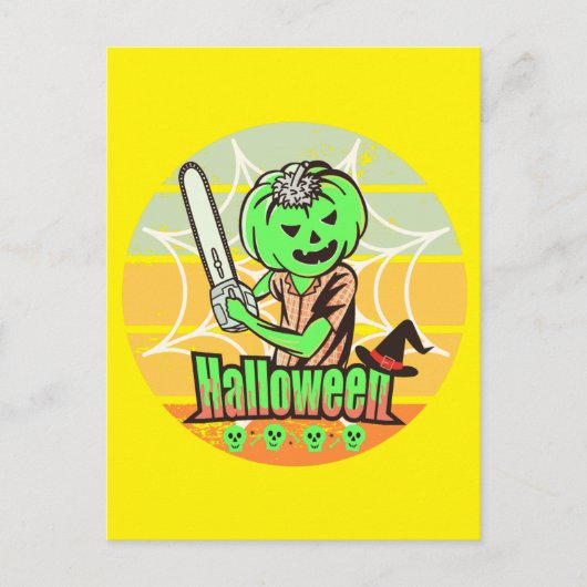 HALLOEEN PUMPKIN MET CHAINSAW EN SKULL BRIEFKAART (Voorkant)