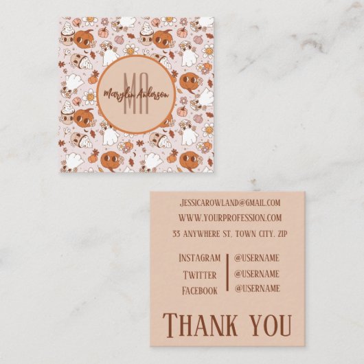 HALLOEEN RETROGROOVY PUMPKINS EN GHOSTS VIERKANTE VISITEKAARTJE (Voorkant / Achterkant)