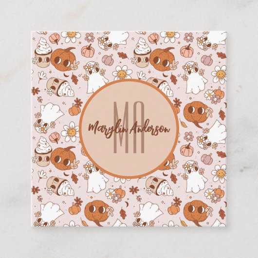 HALLOEEN RETROGROOVY PUMPKINS EN GHOSTS VIERKANTE VISITEKAARTJE (Voorkant)