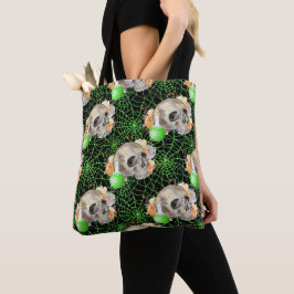 HALLOEEN SCHULDIG MET GROENE SPIDER WEBS EN POSITI TOTE BAG