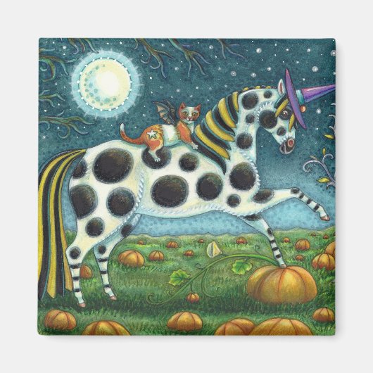 HALLOEEN SPOTTED PONY & BAT CAT Whimsical Magneet (Voorkant)