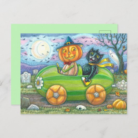 HALLOEEN-WEGTRIP, JACK EN ZWARTE CAT-VRIENDEN FEESTDAGENKAART (Voorkant / Achterkant)