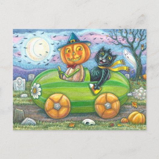 HALLOEEN-WEGTRIP, JACK EN ZWARTE CAT-VRIENDEN FEESTDAGENKAART (Voorkant)