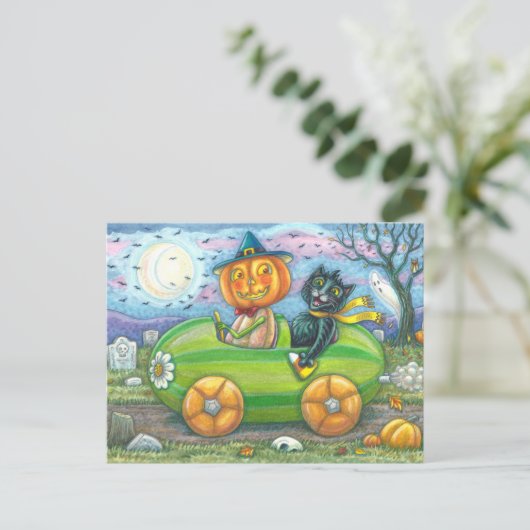 HALLOEEN-WEGTRIP, JACK EN ZWARTE CAT-VRIENDEN FEESTDAGENKAART (Staand voorkant)