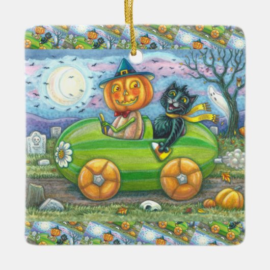 HALLOEEN-WEGTRIP, JACK EN ZWARTE CAT-VRIENDEN KERAMISCH ORNAMENT (Voorkant)