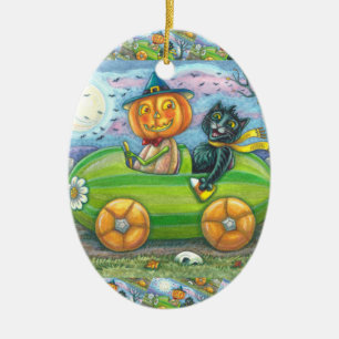HALLOEEN-WEGTRIP, JACK EN ZWARTE CAT-VRIENDEN KERAMISCH ORNAMENT