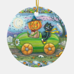 HALLOEEN-WEGTRIP, JACK EN ZWARTE CAT-VRIENDEN KERAMISCH ORNAMENT