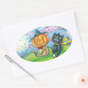 HALLOEEN-WEGTRIP, JACK EN ZWARTE CAT-VRIENDEN OVALE STICKER