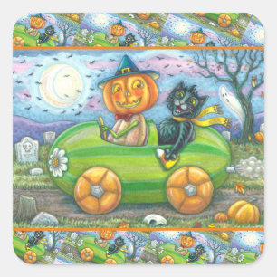 HALLOEEN-WEGTRIP, JACK EN ZWARTE CAT-VRIENDEN VIERKANTE STICKER