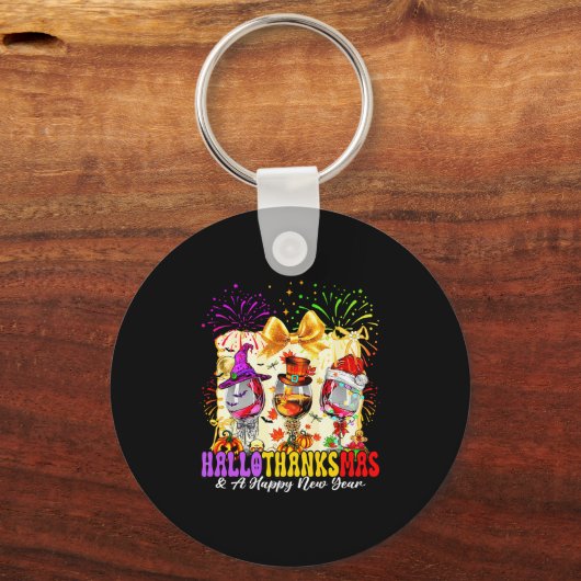Hallothanksmas And A Happy New Year Wine Gles Fire Sleutelhanger (Voorkant)
