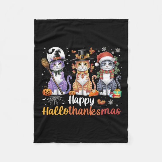 Hallothanksmas Cats Halloween Thanksgiving Christm Fleece Deken (Voorkant)