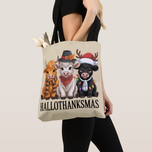 Hallothanksmas Herfst Koe Spooky Seizoen Boer Xmas Tote Bag (Dichtbij)