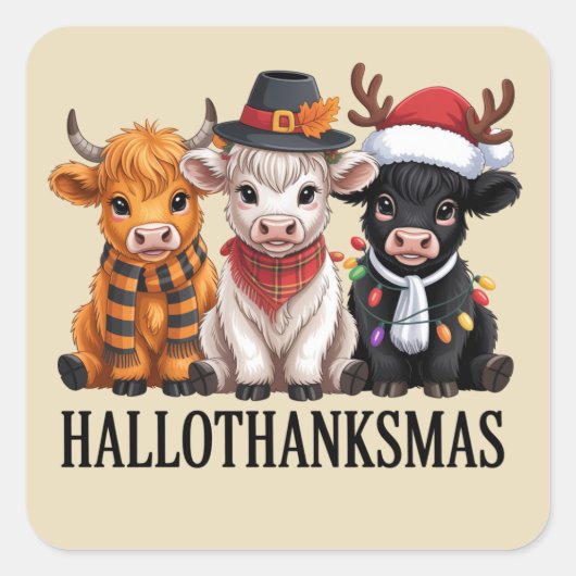 Hallothanksmas Herfst Koe Spooky Seizoen Boer Xmas Vierkante Sticker (Voorkant)