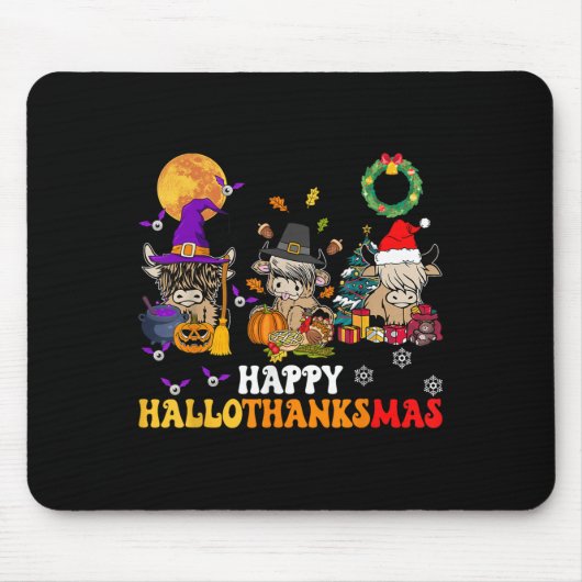 Hallothanksmas Highland Cow Halloween Christmas Th Muismat (Voorkant)