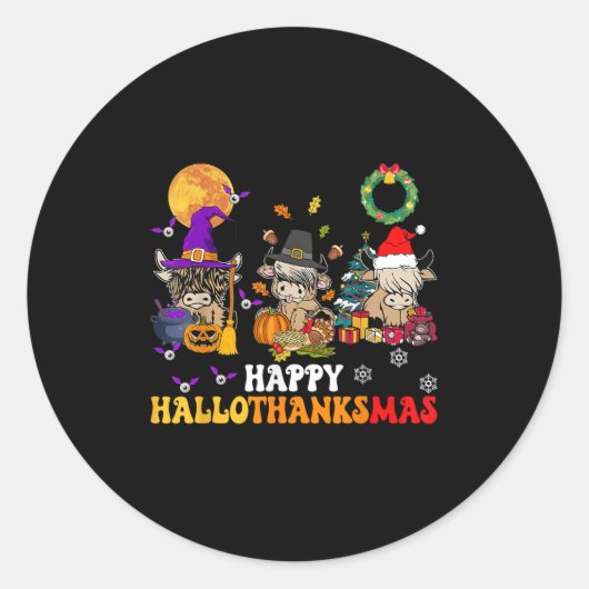 Hallothanksmas Highland Cow Halloween Christmas Th Ronde Sticker (Voorkant)