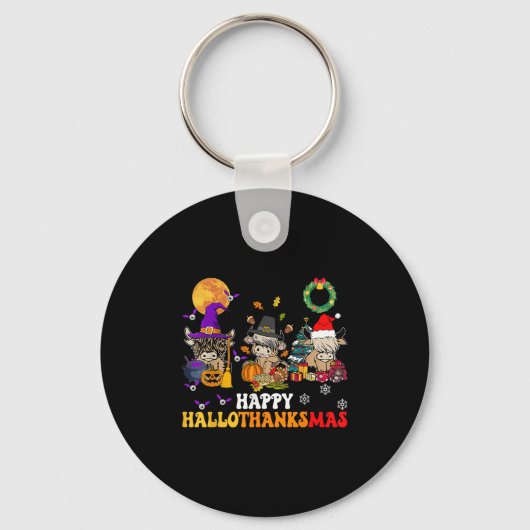 Hallothanksmas Highland Cow Halloween Christmas Th Sleutelhanger (Voorkant)