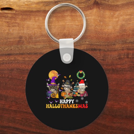 Hallothanksmas Highland Cow Halloween Christmas Th Sleutelhanger (Voorkant)