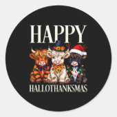 Hallothanksmas Highland Cow Halloween Thanksgiving Ronde Sticker (Voorkant)