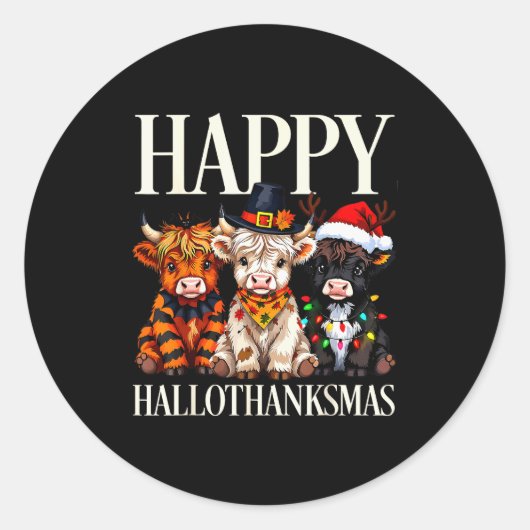 Hallothanksmas Highland Cow Halloween Thanksgiving Ronde Sticker (Voorkant)