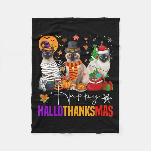Hallothanksmas Siamese Cat Halloween Thanksgiving Fleece Deken (Voorkant)