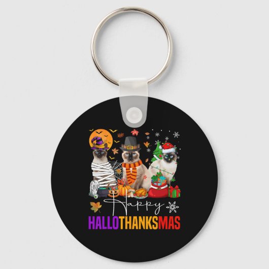 Hallothanksmas Siamese Cat Halloween Thanksgiving Sleutelhanger (Voorkant)