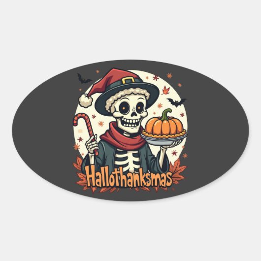 Hallothanksmas Skelet: Pumpkin Pie & Candy Cane Ovale Sticker (Voorkant)