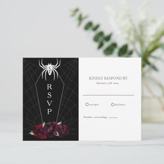 Hallowedding Spider Web Coffin Black White RSVP (Staand voorkant)