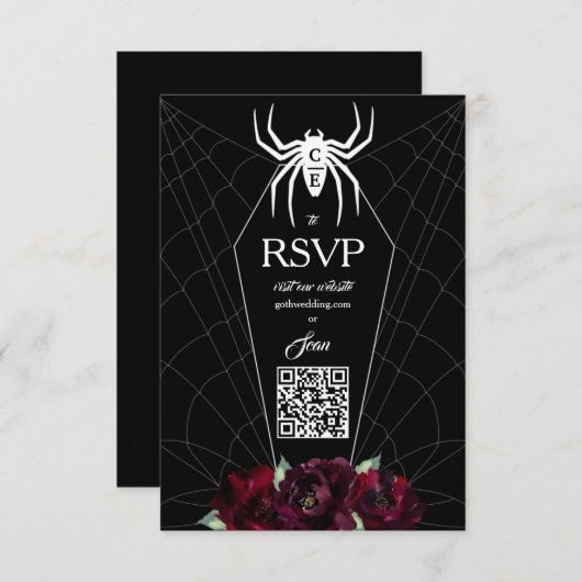 Hallowedding Spider Web Coffin Black White RSVP Kaartje (Voorkant / Achterkant)