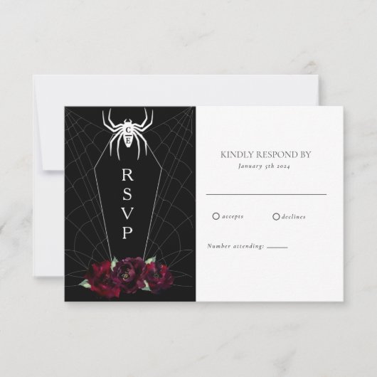 Hallowedding Spider Web Coffin Black White RSVP Kaartje (Voorkant)