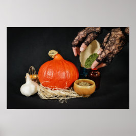 Halloweeen heks bereidt een toverdrank poster
