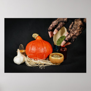 Halloweeen heks bereidt een toverdrank poster