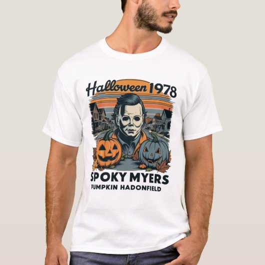 Halloween 1978 Holiday Spooky Myers Pumpkin Haddon T-shirt (Voorkant)