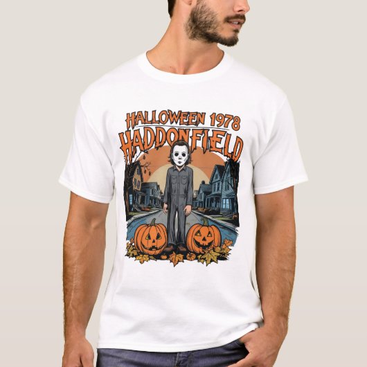 Halloween 1978 Holiday Spooky Myers Pumpkin Haddon T-shirt (Voorkant)