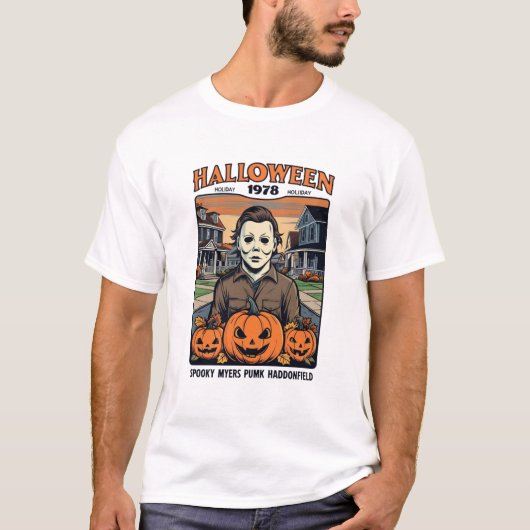 Halloween 1978 Holiday Spooky Myers Pumpkin Haddon T-shirt (Voorkant)