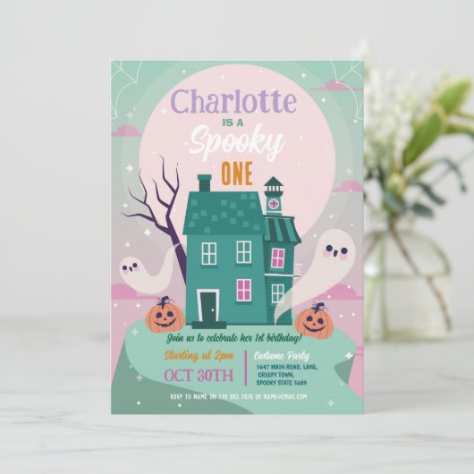 Halloween 1e Meisjes Spokenhuis Feestje Geesten Kaart (Staand voorkant)