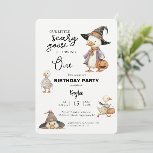 Halloween 1e Verjaardag gans heks uitnodiging (Staand voorkant)