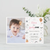 Halloween 1e verjaardag roze spooky meisje foto kaart (Staand voorkant)