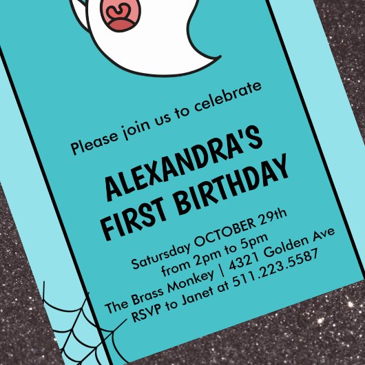 Halloween 1e verjaardag uitnodiging spin web spook