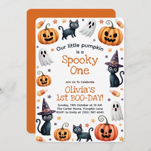 Halloween 1e verjaardag uitnodiging spooky een (Voorkant / Achterkant)