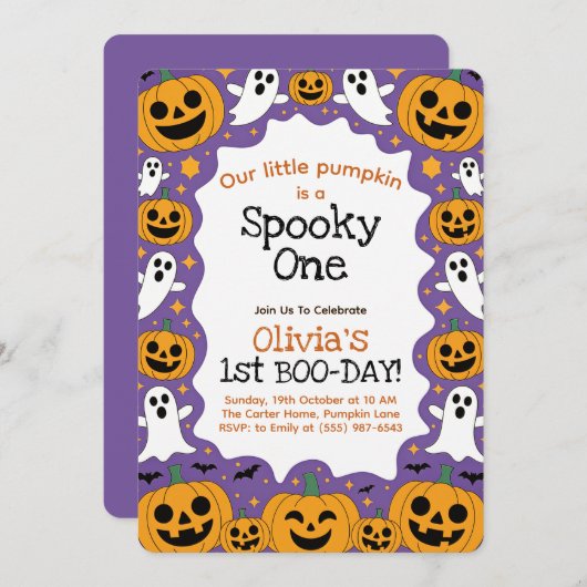 Halloween 1e verjaardag uitnodiging spooky een (Voorkant / Achterkant)