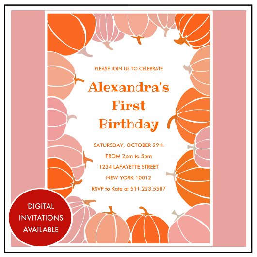 Halloween 1e verjaardag uitnodigingen roze pompoen